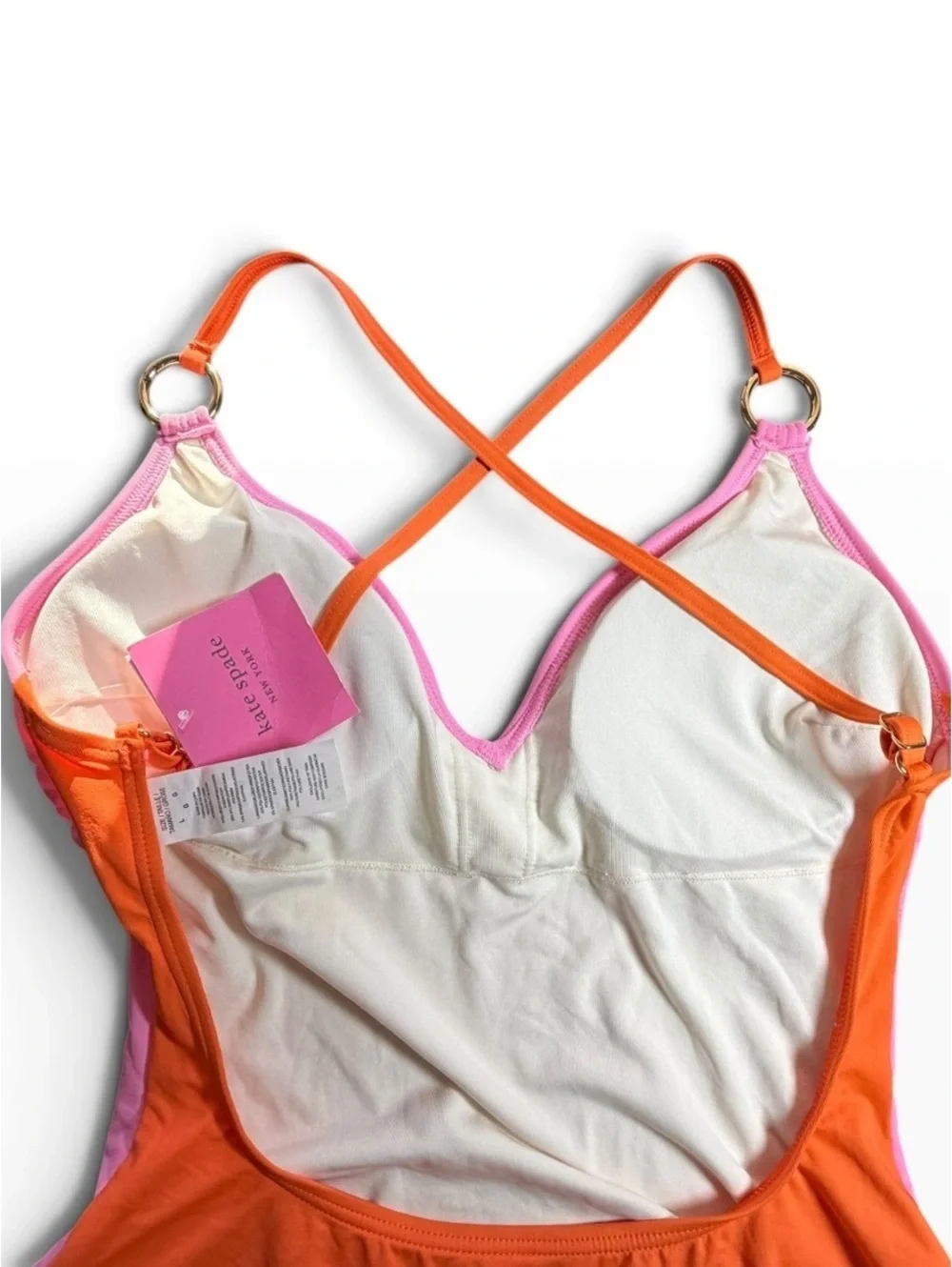 Kate Spade Color Block Plunging V-Neck One Piece Swimsuit Pink Orange $142 NWT